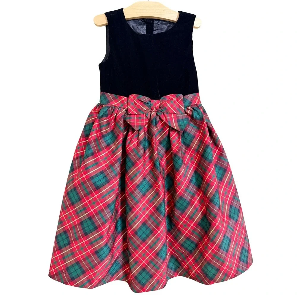 Gymboree Plaid Holiday Dress Red Green Velvet Bodice Bow Christmas Girls Size 7